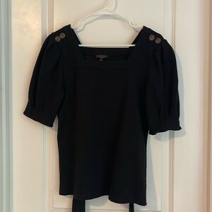 Current Air black knit top! pleated sleeves, button details, bow at waist